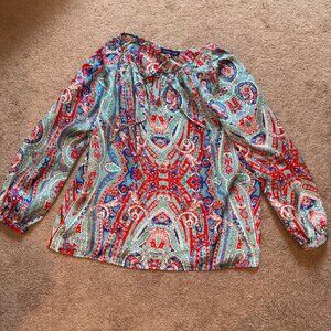 Jones New York Red Aqua Paisley Tie Neck Satin Blouse XL